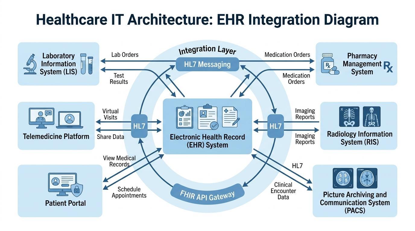 Diagramma dell'architettura IT sanitaria che mostra l'integrazione della Cartella Clinica Elettronica (EHR) con i sistemi di laboratorio, l'infrastruttura di imaging PACS, i sistemi farmaceutici e il livello di interoperabilità dell'API FHIR