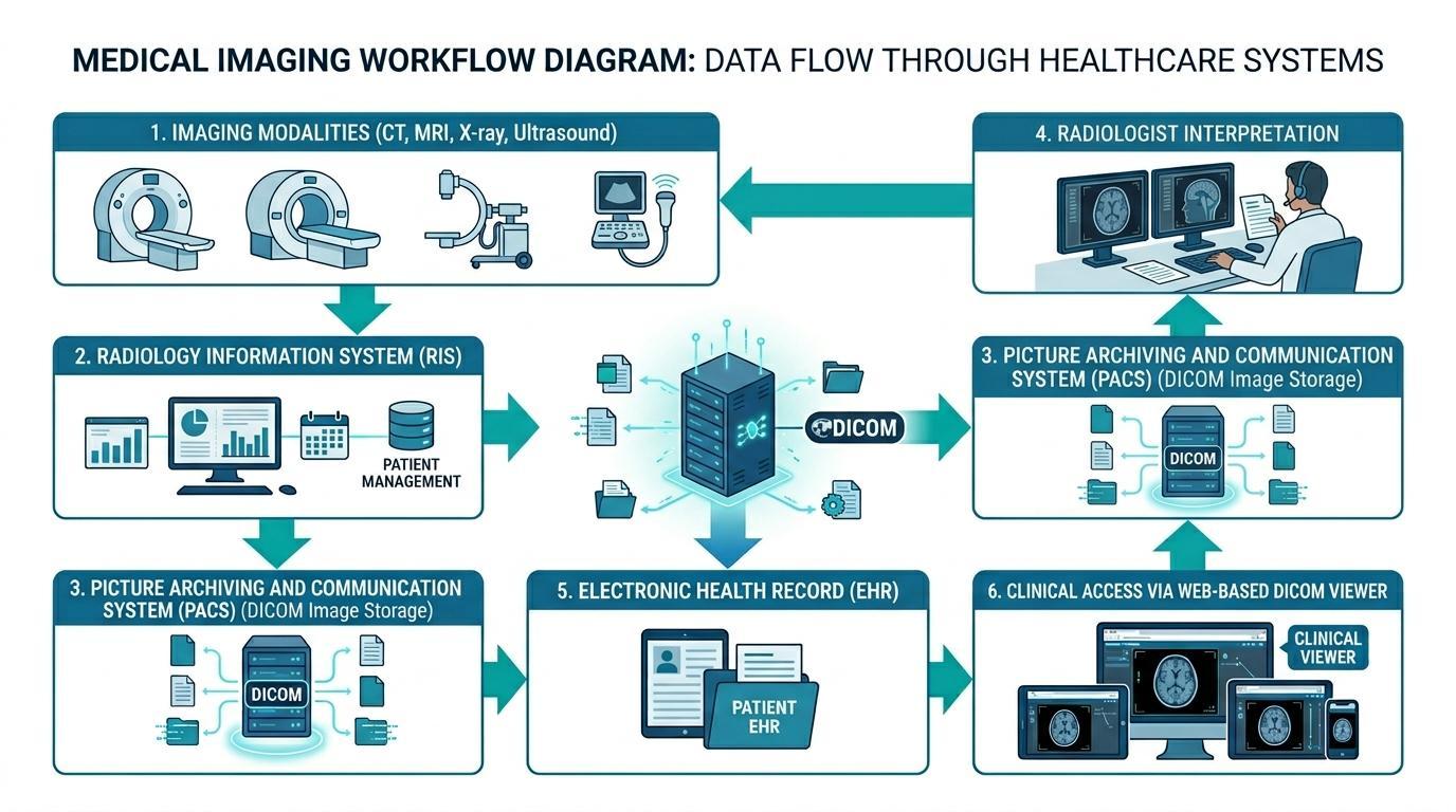 Diagramma del flusso di lavoro dell'imaging medico che illustra come gli studi TC, RM e radiografici passano dai sistemi RIS e PACS alla Cartella Clinica Elettronica per l'accesso clinico tramite un visualizzatore DICOM basato sul web