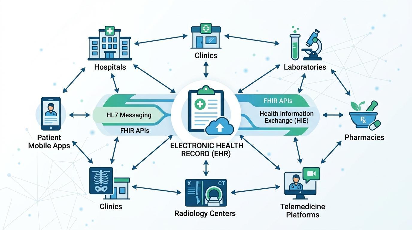 Ecosistema di interoperabilità sanitaria che mostra lo scambio di dati EHR con ospedali, laboratori, sistemi di radiologia e piattaforme di telemedicina utilizzando la messaggistica HL7 e le API FHIR