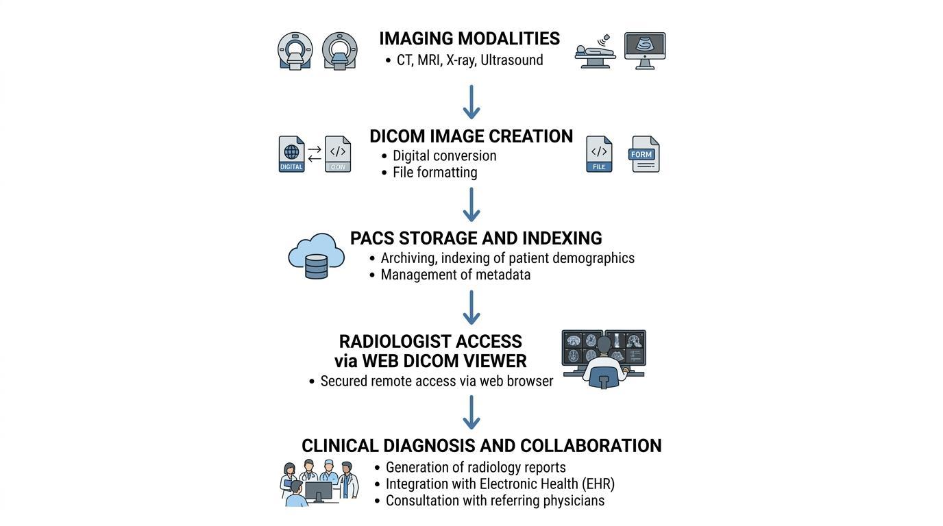 diagramma del flusso di lavoro che mostra come un PACS archivia e organizza i file di imaging medicale DICOM