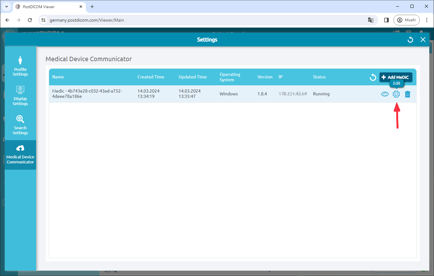 Editing Medical Device Communicator (MeDiC) PACS Server Settings for Windows